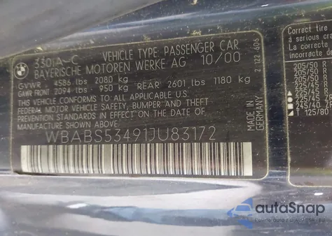 2001 BMW 330Ci из США, поврежденный, VIN WBABS53491JU83172